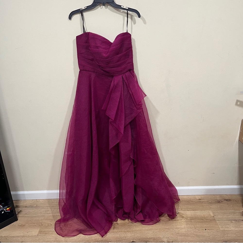 Theia Strapless Ruffled Evening Gown in Magenta - Picture 3 of 13